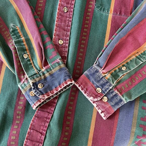 Vintage 90s Men's Distressed Aztec Striped Button Down Long Sleeve Shirt / XL - Picture 4 of 8